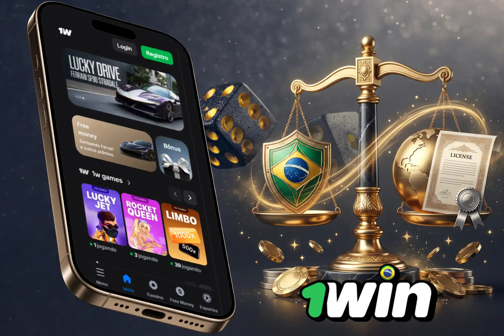 Esclarecimento se a 1win é legalizada no Brasil, exibido na tela de um smartphone ao lado de uma balança com escudo brasileiro, licença e globo dourado.