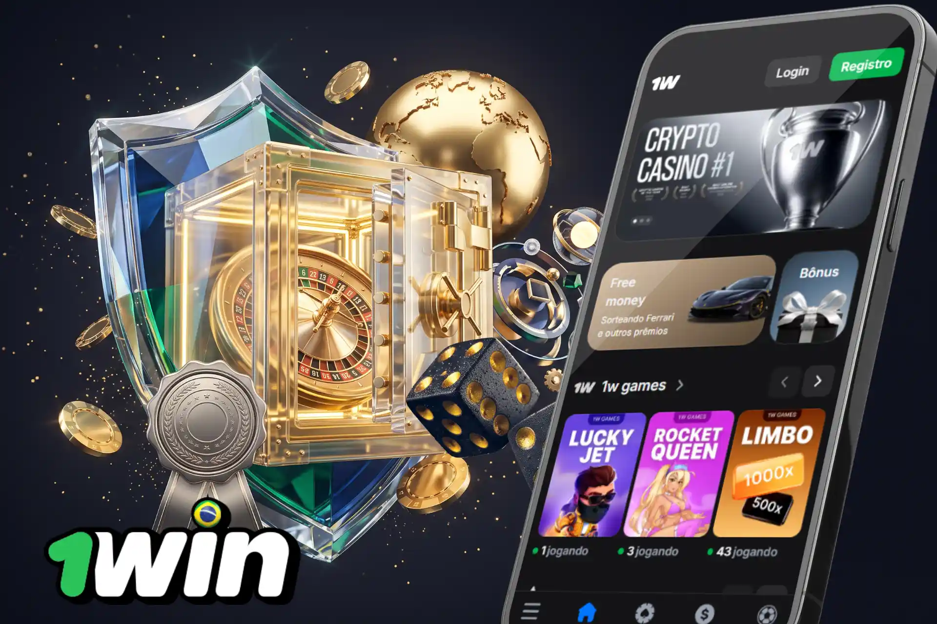 Regulamentação de licença e segurança para jogadores, apresentada na tela de um celular ao lado de um cofre de vidro com roleta, escudo, medalha e dados.