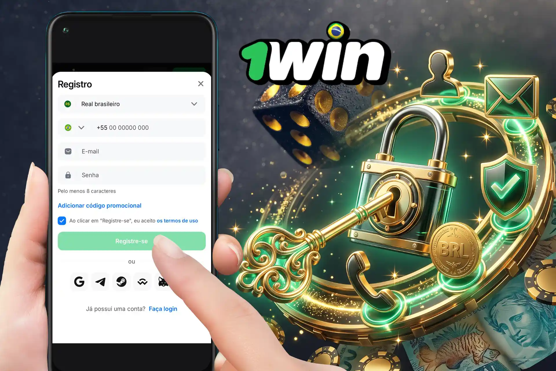 Guia fácil de cadastro na 1win passo a passo, ilustrado na tela de registro móvel com cadeado dourado, chave, ícones de verificação e moeda BRL.