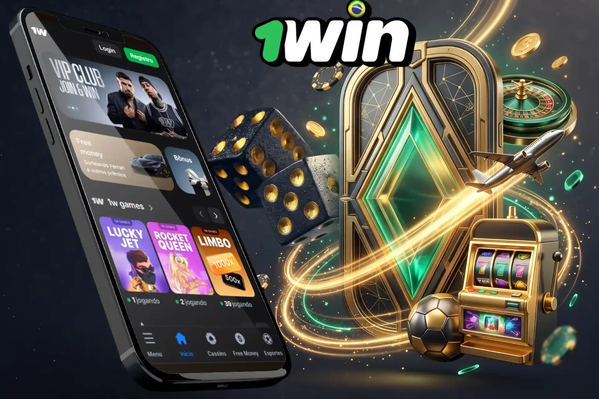 Download do moderno 1win app para celulares, destacado na tela de um smartphone ao lado de um portal de esmeralda, caça-níquel 777, avião a jato e roleta.